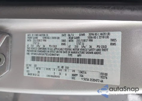 2014 Ford Escape Se z USA, uszkodzony, nr VIN 1FMCU0GX7EUD86741